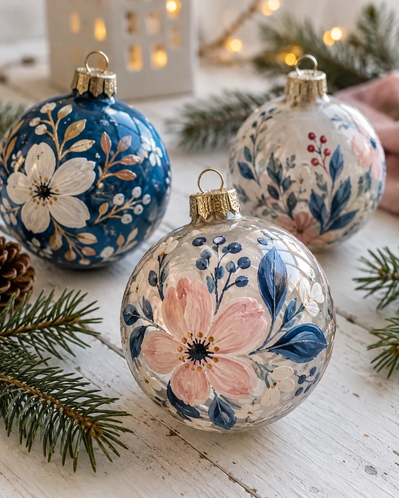 Hand-painted Christmas baubles with blue, pink and white floral designs