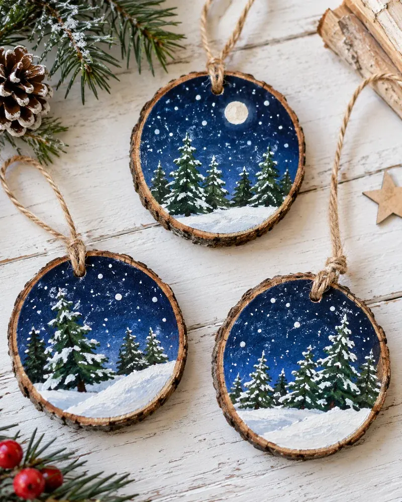 Painted wood slice Christmas ornaments with a green tree on a blue background and white snow dots