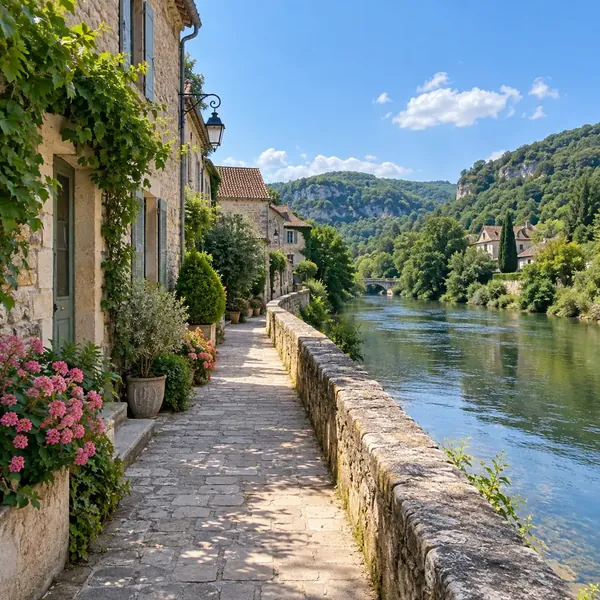 Original photo of a stone riverside path with flowers in a village