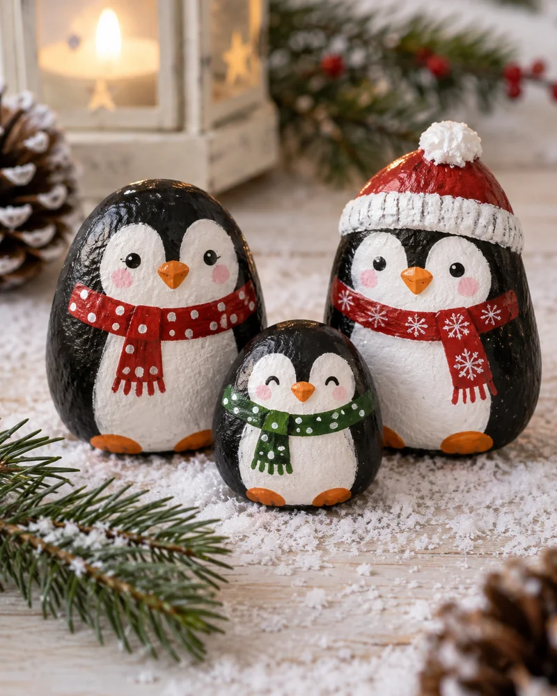 Penguin rock painting: three smooth stones painted as penguins on fake snow