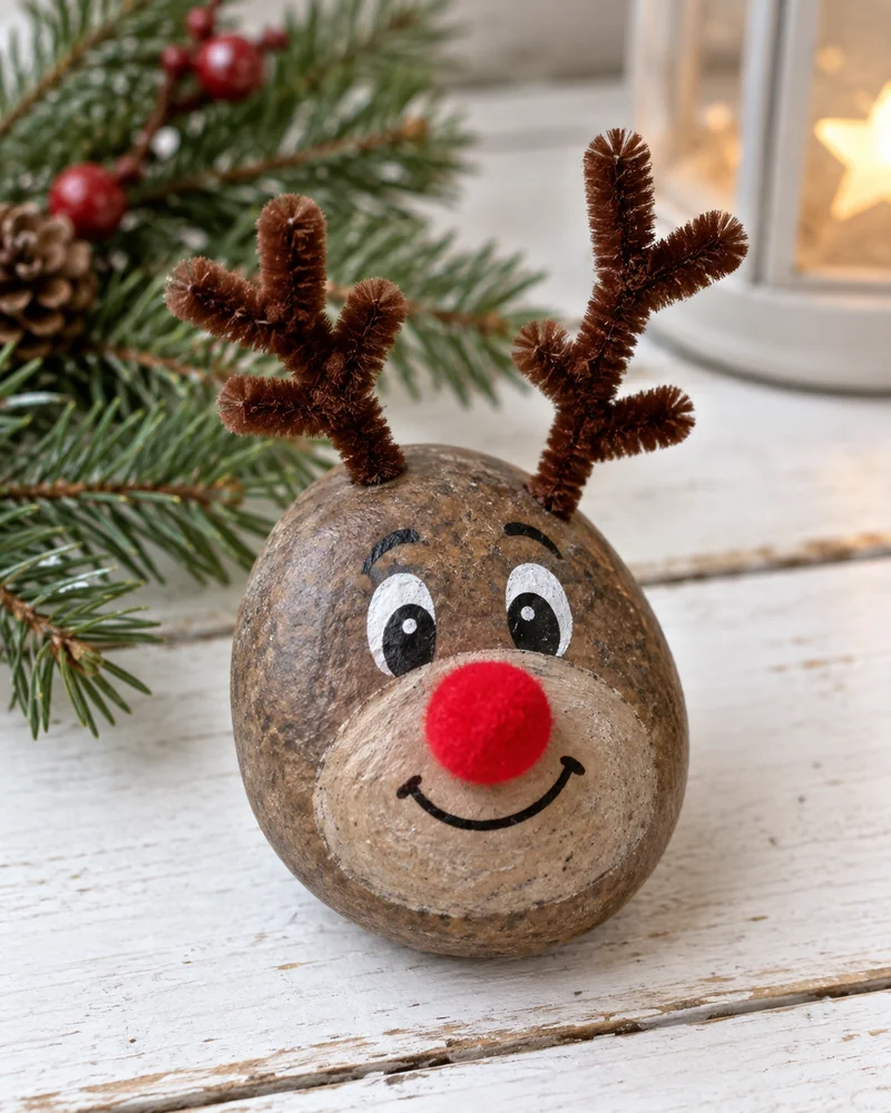 Painted reindeer rocks with brown faces, red noses and pipe cleaner antlers