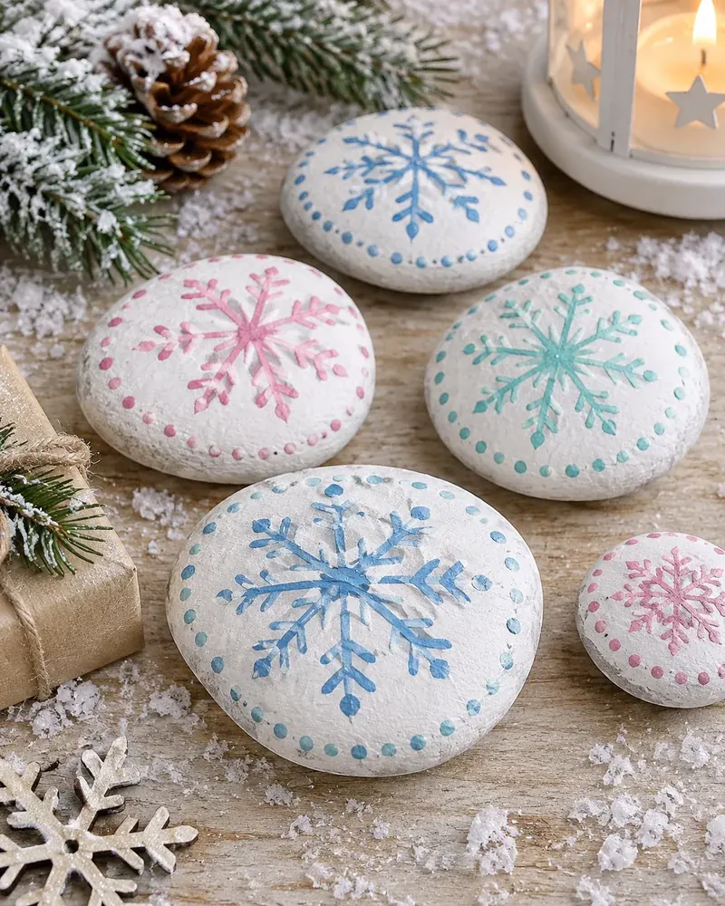 Flat rocks painted white with colorful snowflake designs and dotted borders
