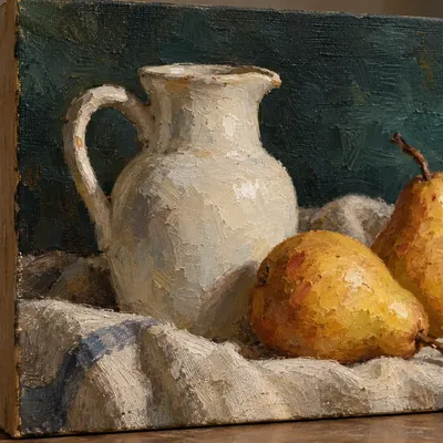 Oil painting style still life of a white jug and pears on cloth, made with the photo to oil painting tool