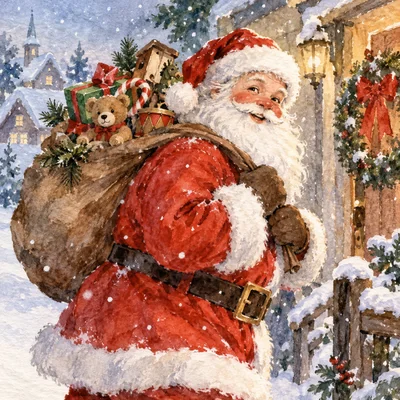 Painted Santa Claus with a sack of toys, used as a Christmas card design