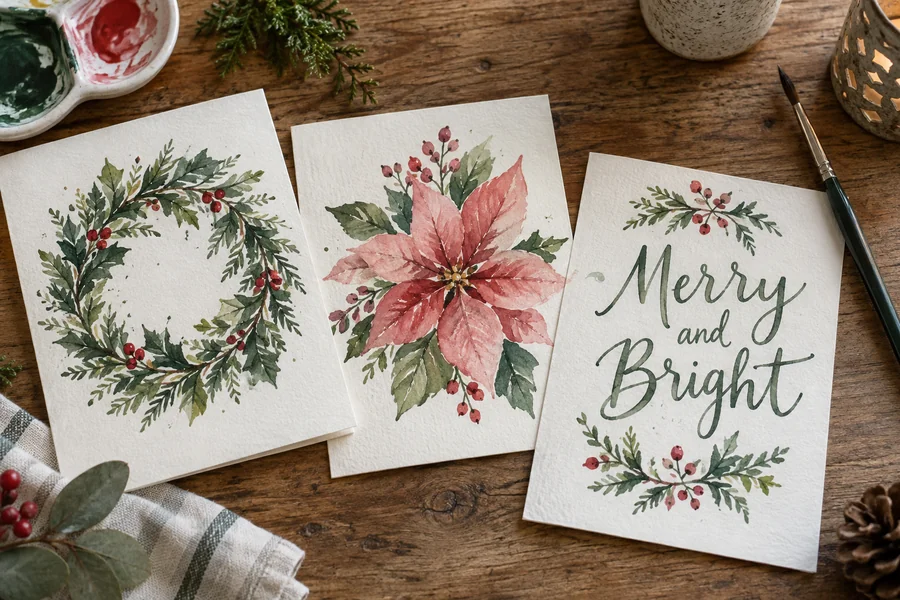 Hand-painted watercolor Christmas cards with floral wreaths and Merry and Bright lettering