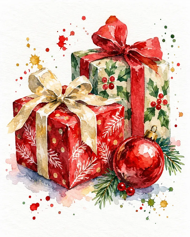 Watercolor Christmas painting of wrapped gifts with gold bows and hanging ornaments