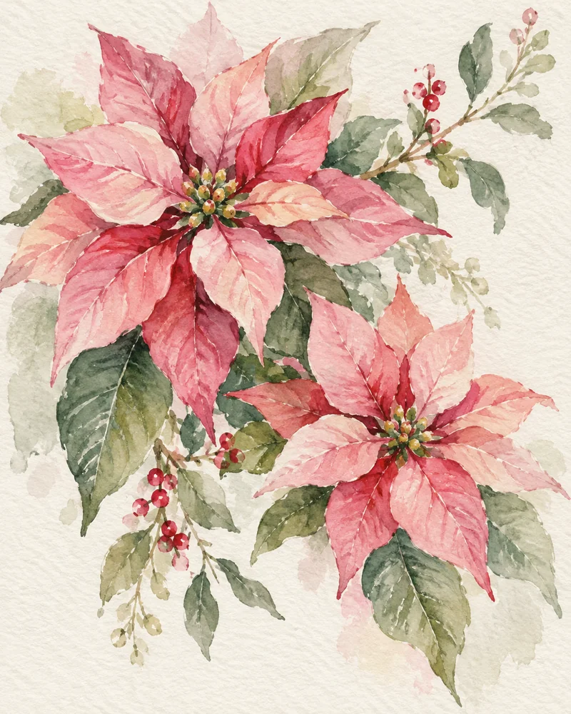 Watercolor Christmas painting of two pink-red poinsettias with green leaves