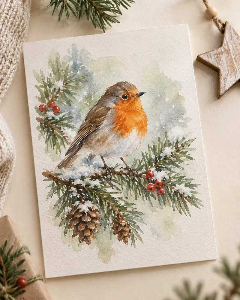 Simple watercolor painting of a robin on a pine branch with a pinecone, framed with wooden stars