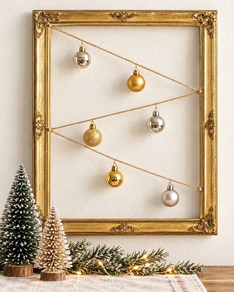 Empty gold picture frame with string zigzagging across it holding small gold baubles