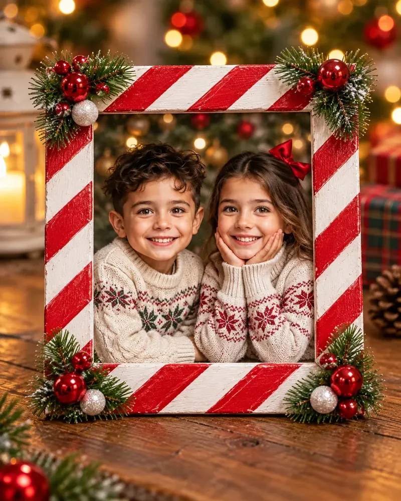 Candy cane Christmas frame with red and white striped edges, pine and ornaments around two smiling kids
