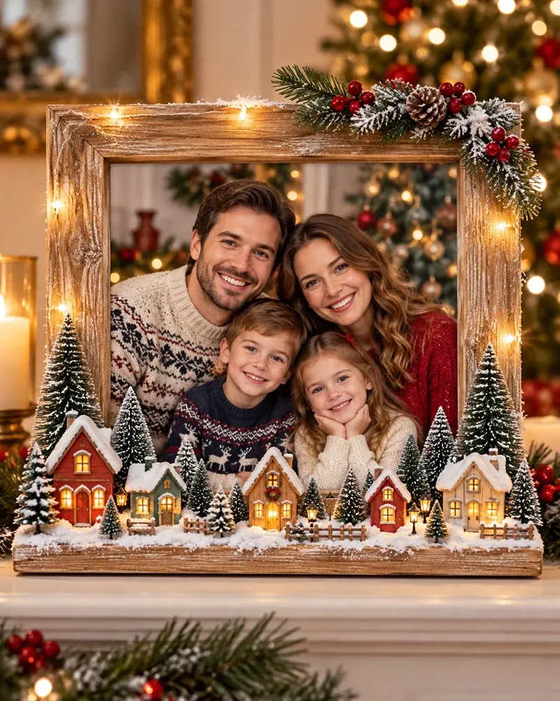 Christmas photo frame decorated with miniature village houses, bottle-brush trees and snow along the bottom