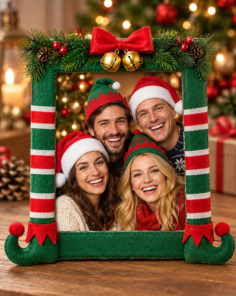 Elf-themed Christmas frame with striped elf legs, curly shoes, a pine garland and a bow around friends in elf hats