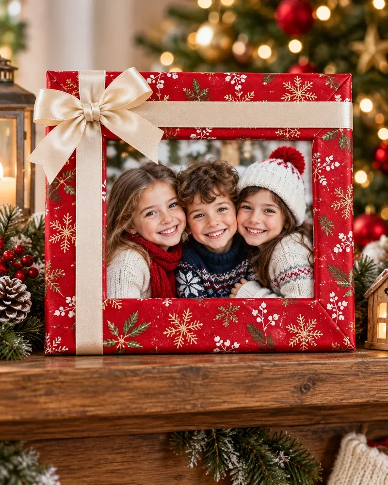 Christmas photo frame wrapped like a present with red ribbon and bows around three smiling kids