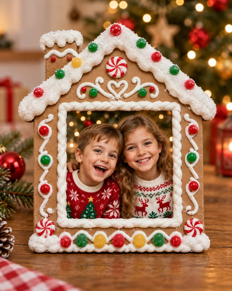 Gingerbread house photo frame with white icing trim, candy dots and a peaked roof