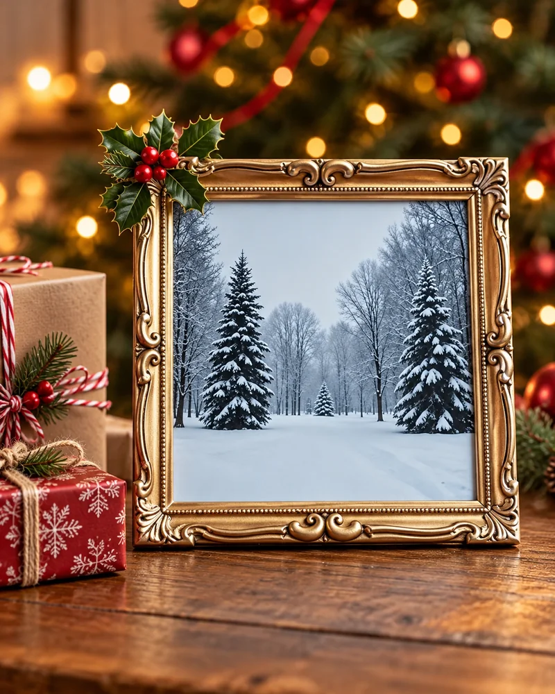 Ornate gold Christmas frame holding a snowy winter landscape photo beside a wrapped gift