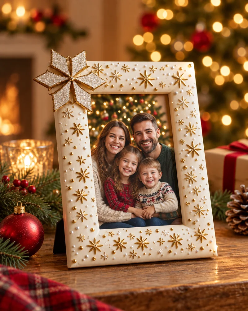White Christmas picture frame decorated with gold stars and a large starburst in one corner