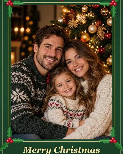 Family photo in a green holly and berries online Christmas frame with Merry Christmas lettering