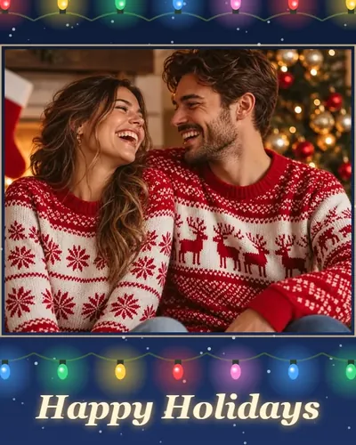 Couple in matching sweaters inside an online Christmas frame of colorful twinkle lights reading Happy Holidays