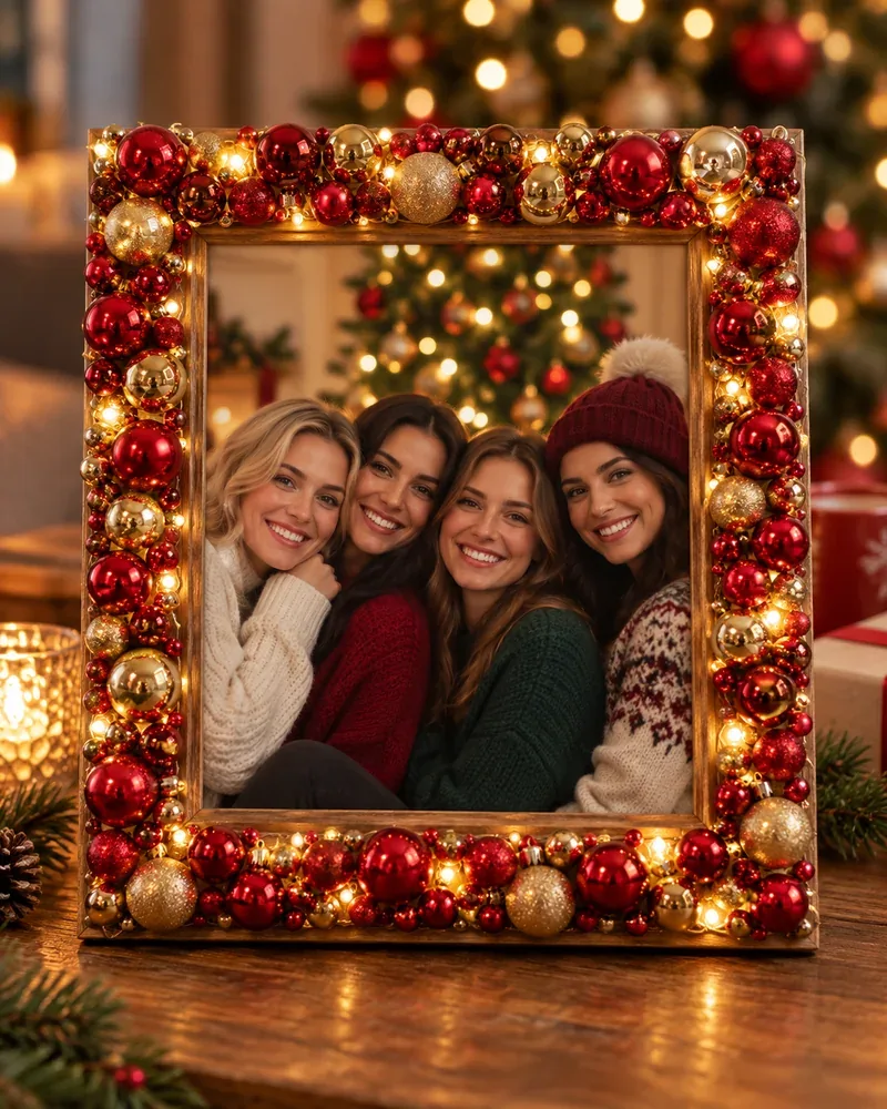Christmas picture frame covered in red and gold baubles and lights around a group of friends