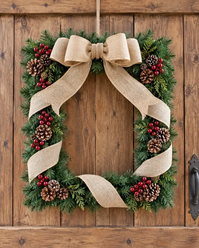 Square picture frame wreath covered in pine garland, pinecones and a burlap bow