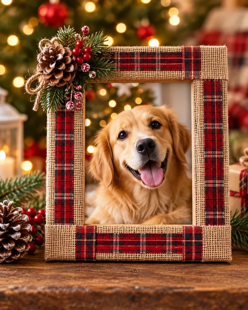 Burlap-wrapped Christmas photo frame with a red bow and pine around a photo of a dog