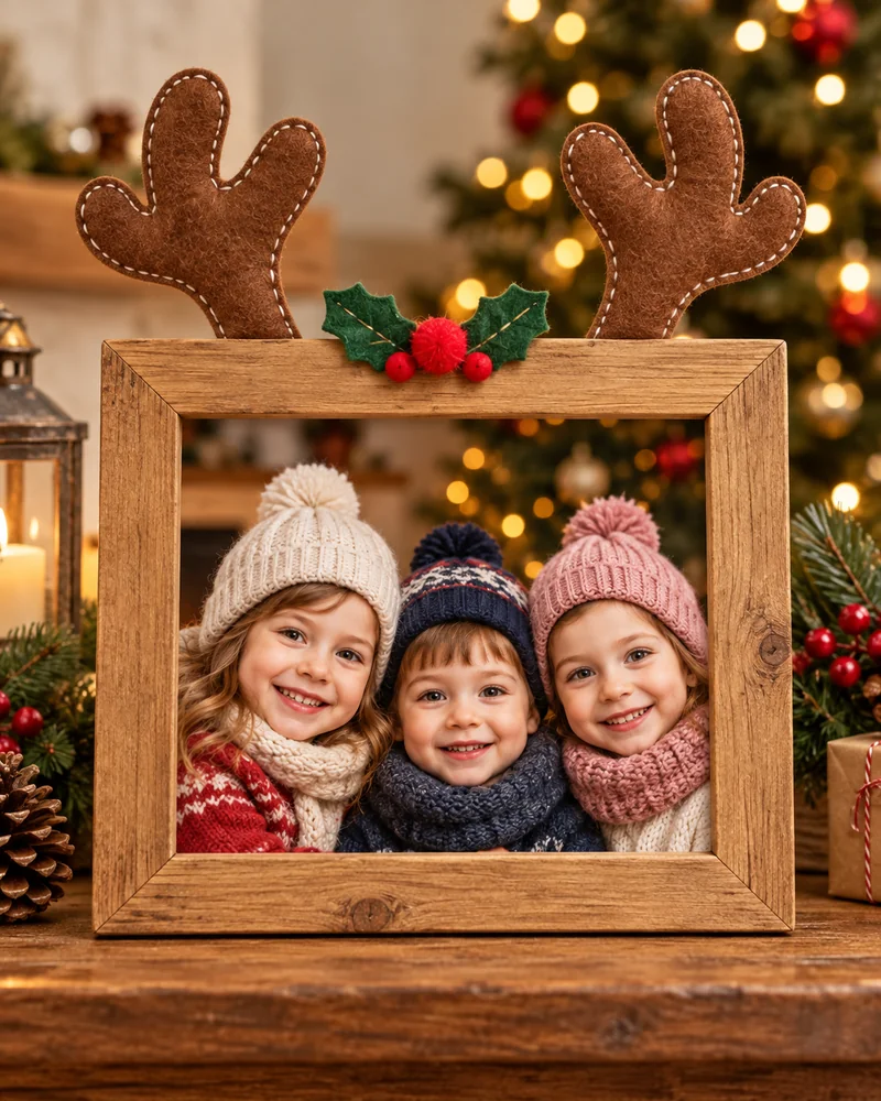 Wooden Christmas photo frame with felt reindeer antlers and holly around three kids in knit hats
