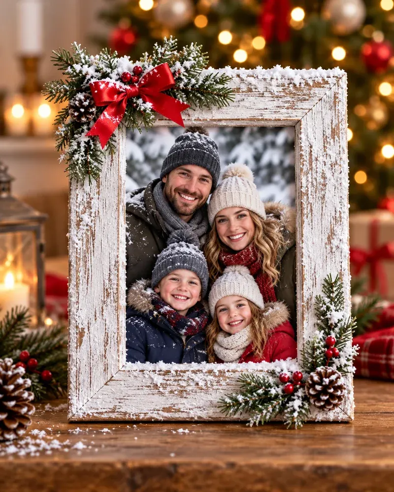 DIY Christmas picture frame in rustic wood with faux snow, pine sprigs and a red bow around a family photo