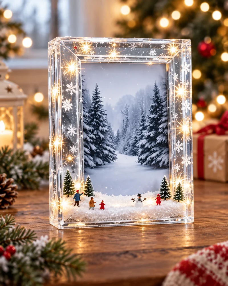Clear acrylic Christmas frame like a snow globe with a snowy forest scene and tiny figures
