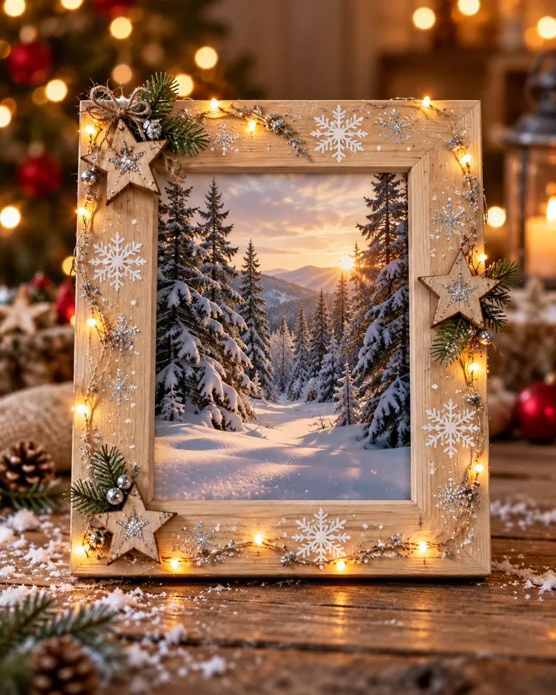 Light wood Christmas frame with a wooden star ornament, warm fairy lights and silver sparkle