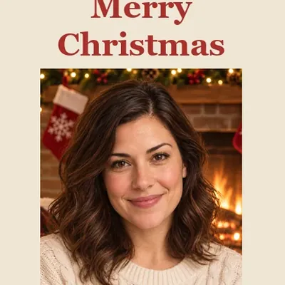 Portrait turned into a Merry Christmas card with a fireplace background by the AI Christmas photo tool
