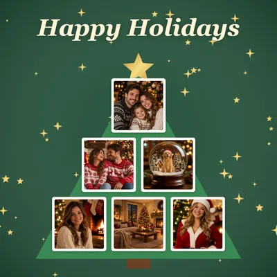 Christmas tree photo collage of family photos on a green background with Happy Holidays lettering
