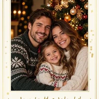 Family photo in an ivory and gold stars online Christmas frame
