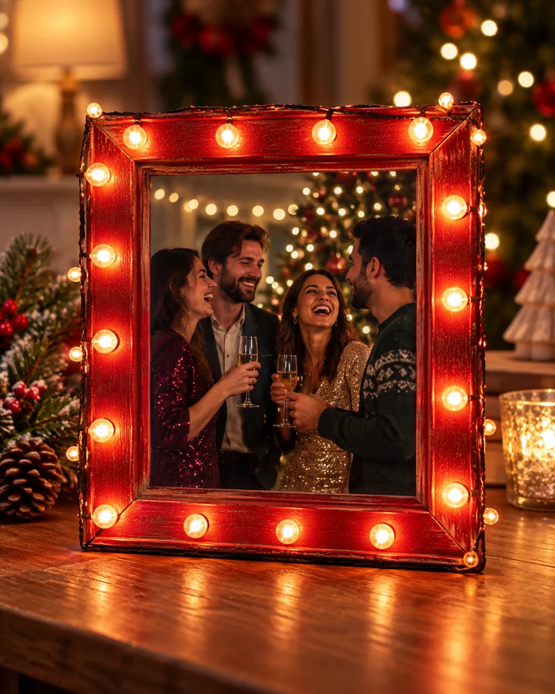 Red Christmas frame wrapped in glowing marquee-style LED lights around a party photo