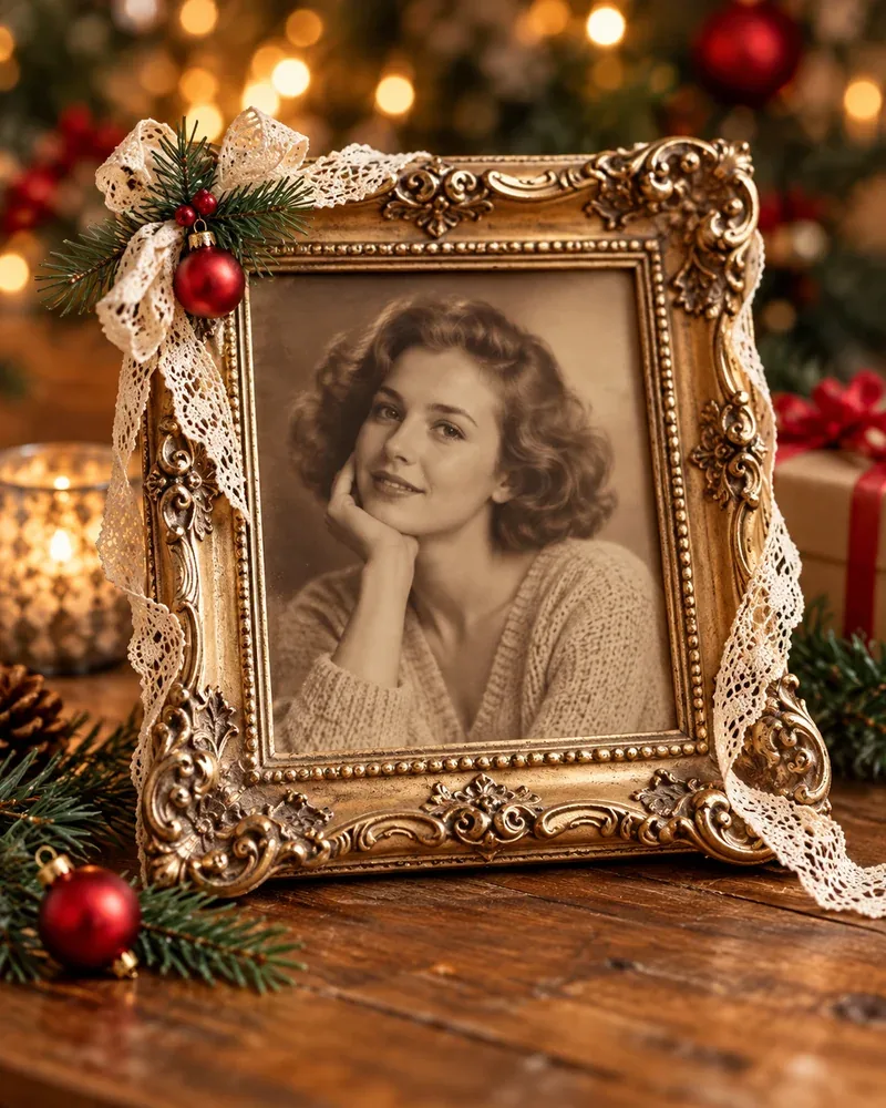 Vintage gilded Christmas frame with a sepia-toned portrait among red ornaments