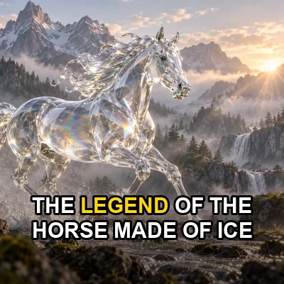 Square faceless reel frame of a glass horse with the caption The legend of the horse made of ice