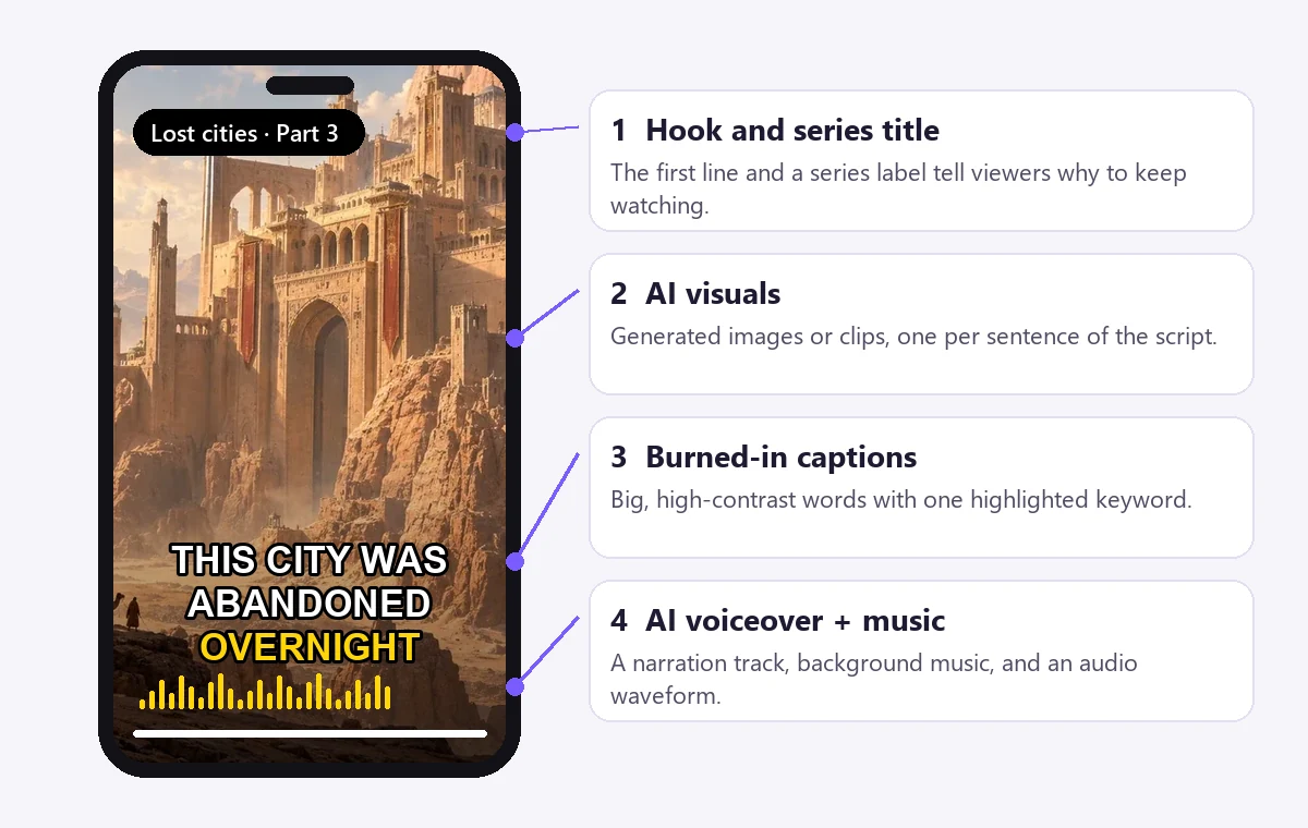 Anatomy of a faceless reel: a vertical video of a desert citadel with a series title, AI visuals, burned-in captions and an AI voiceover waveform