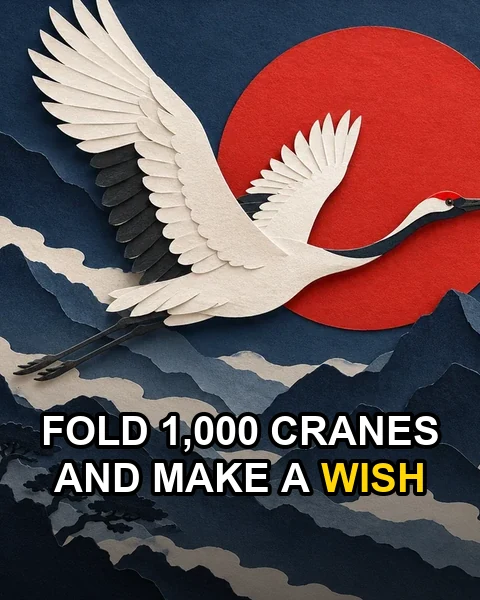 Faceless reel frame of a paper-art crane and red sun with the caption Fold 1,000 cranes and make a wish
