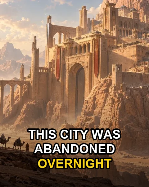 Faceless reel frame of a ruined desert citadel with the caption This city was abandoned overnight