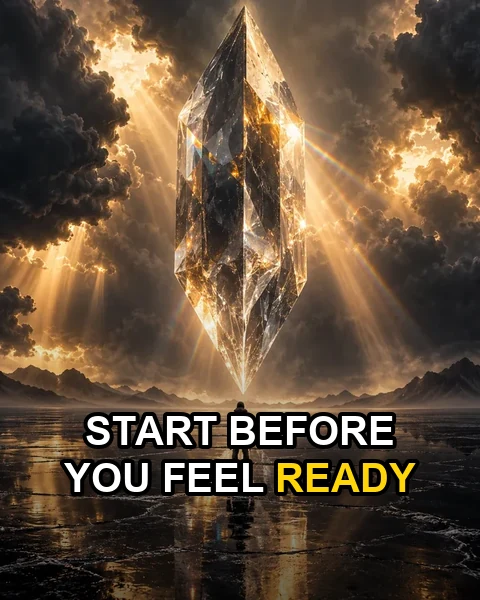 Faceless reel frame of a glowing crystal over a lone figure with the caption Start before you feel ready