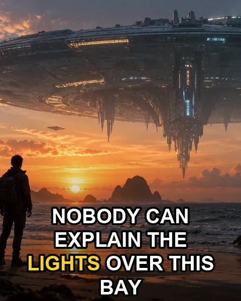 Faceless reel frame of a giant ship hovering over a sunset bay with the caption Nobody can explain the lights over this bay