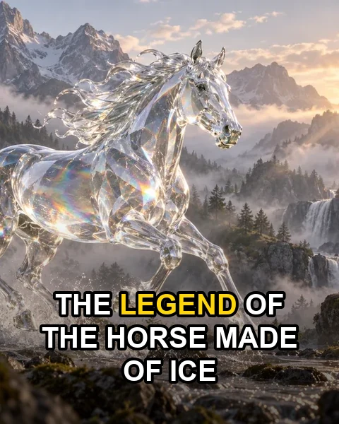 Faceless reel frame of a glass horse in a misty forest with the caption The legend of the horse made of ice