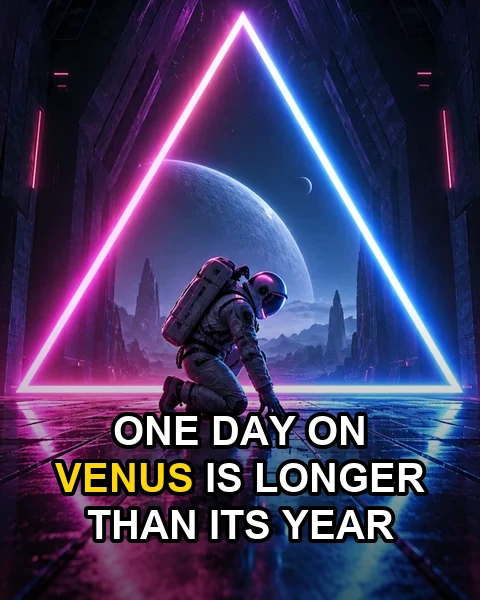 Faceless reel frame of an astronaut under a neon triangle with the caption One day on Venus is longer than its year