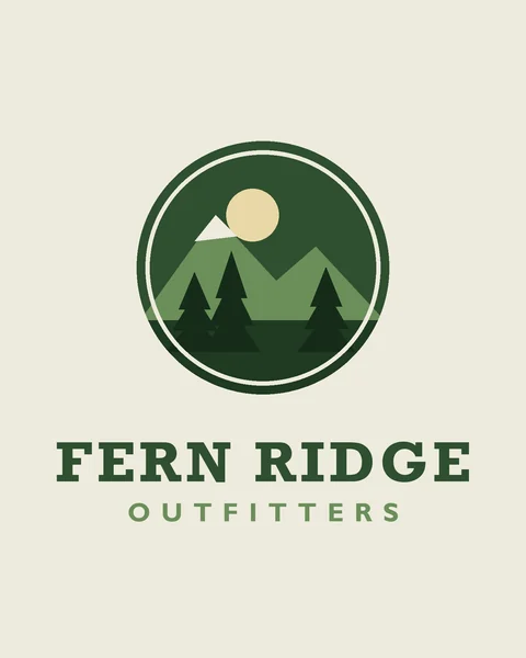 Fictional hunter green outdoor badge logo with mountains, pine trees and a sun for an outfitter