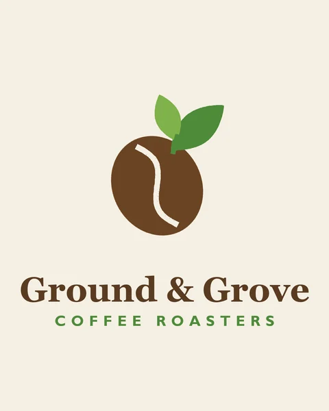 Fictional green and brown logo: a brown coffee bean with two green leaves for a coffee roaster