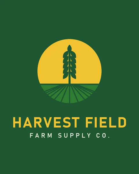 Fictional green and yellow logo with a wheat stalk and field rows inside a yellow sun for a farm supply company