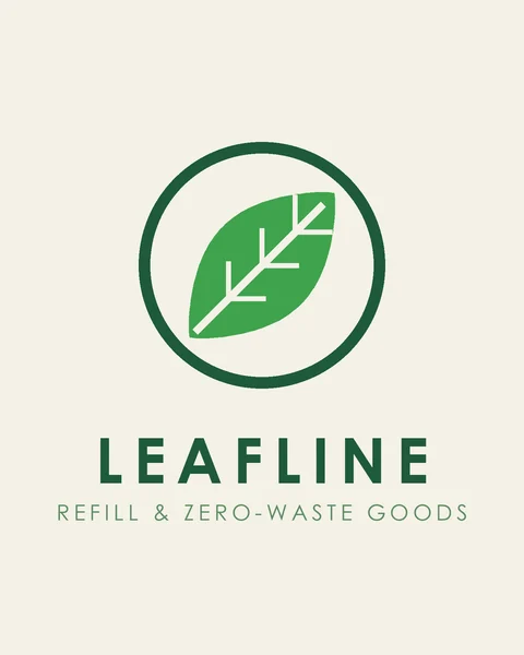 Fictional green logo Leafline: a leaf inside a forest green circle on cream, eco refill shop logo idea