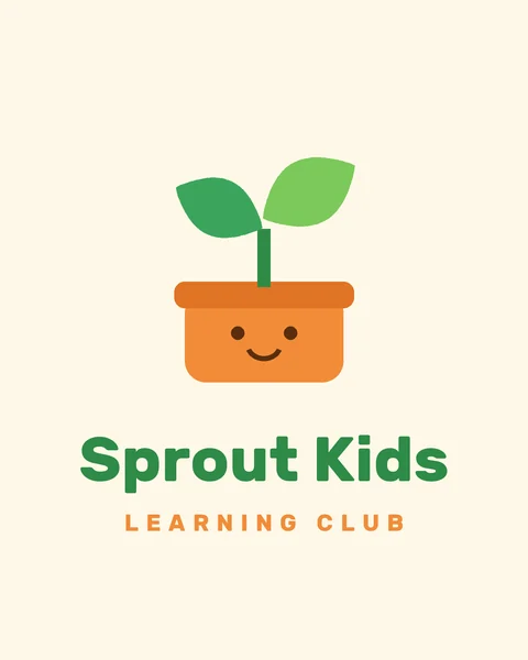 Fictional kelly green sprout in a smiling orange pot logo for a kids learning club