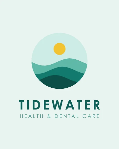 Fictional teal green logo with layered waves and a yellow sun in a circle for a health and dental clinic