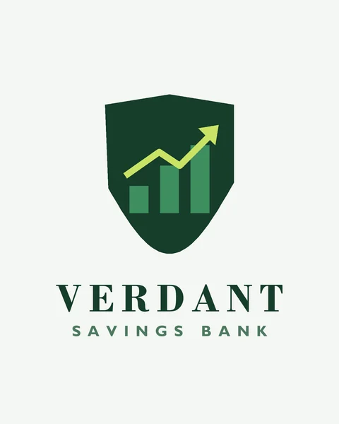 Fictional forest green shield logo with rising bars and a lime arrow for a savings bank