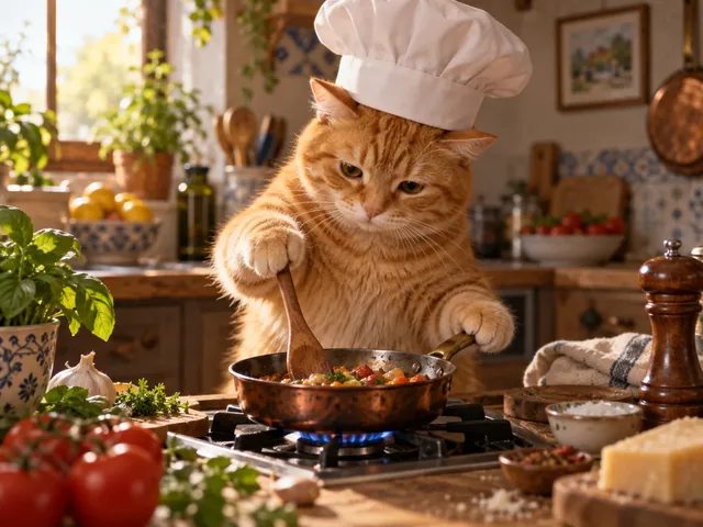 AI video generator example: a cat chef cooking in a kitchen